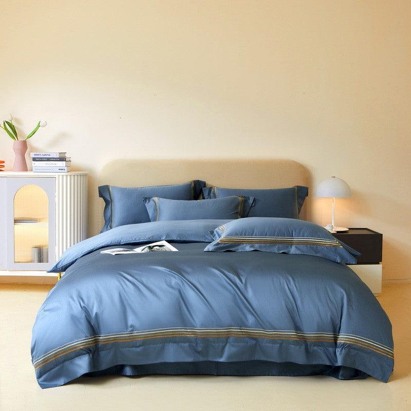 Premium Comfort: Four-Piece Long-Staple Cotton Solid Color Silk Bedding SetBlue 1.2M flat sheet 