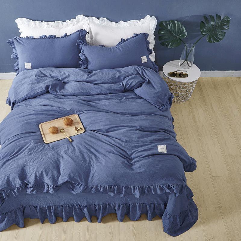 Princess Elegance: Four-Piece Soft Cotton Bedding Set with Ruffle DetailBlue 1.5m to 1.8m 