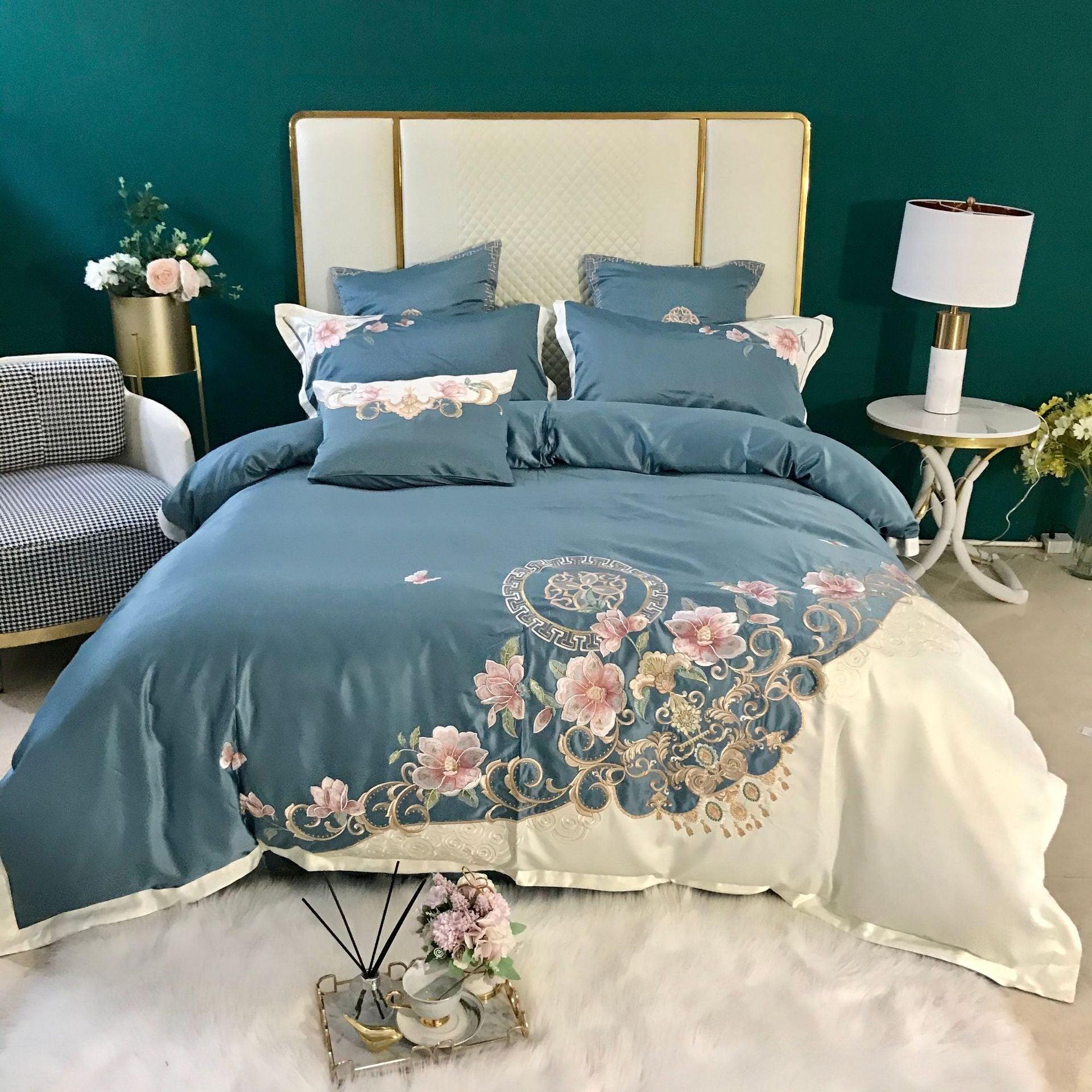 Romantic Dreams: Four-Piece Cotton Embroidered Bedding SetGreen 1.5 or 1.8M 
