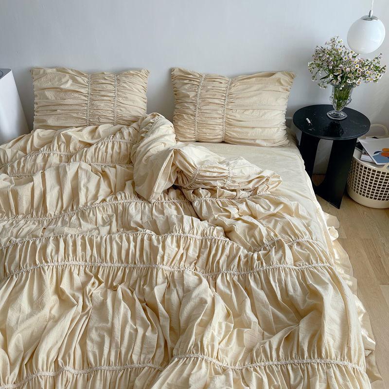 Romantic Princess Charm: Cream Color Four-Piece Cotton Bedding Set  