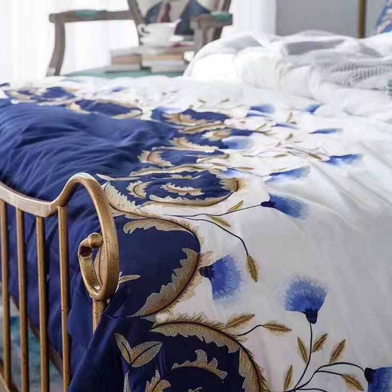 Satin Elegance: 60's Embroidered Flower Four-Piece Cotton Quilt Cover Set  