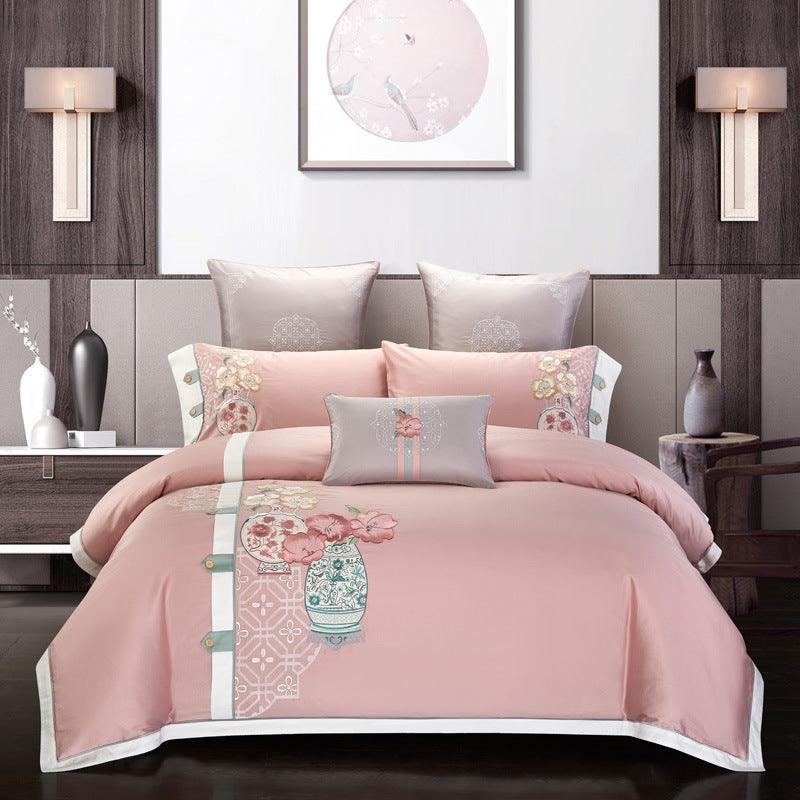 Satin Elegance: Four-Piece Pure Cotton Embroidery Bedding SetVase 200x230cm 