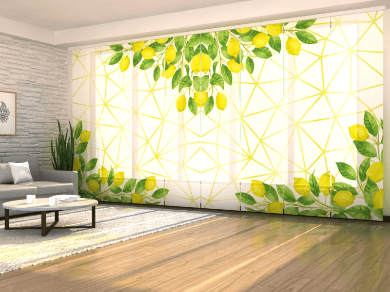 Set of 8 Lemon Watercolor Panel Curtains with Golden PatternScreen 70 260