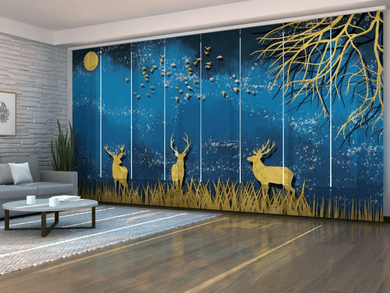Set of 8 Panel Curtains Golden Deer in the Blue NightScreen 40 140