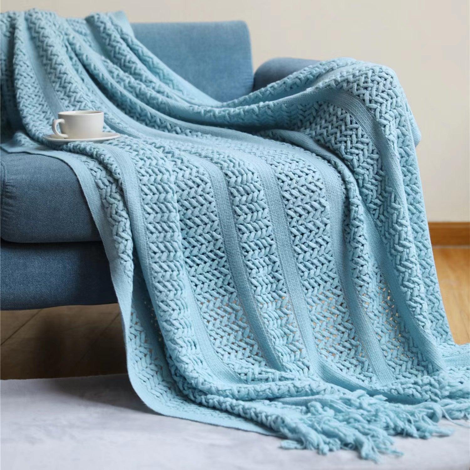 Sofa Blanket Bed Runner Solid Color Office Blanket Knitted Small Blanket Decoration B & B Bed BlanketBlue 127x172cm 