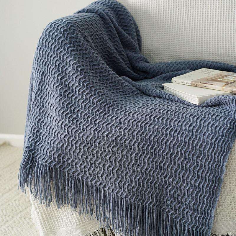 Solid Color Knitted Decorative Blanket Simple Sofa BlanketBlue  