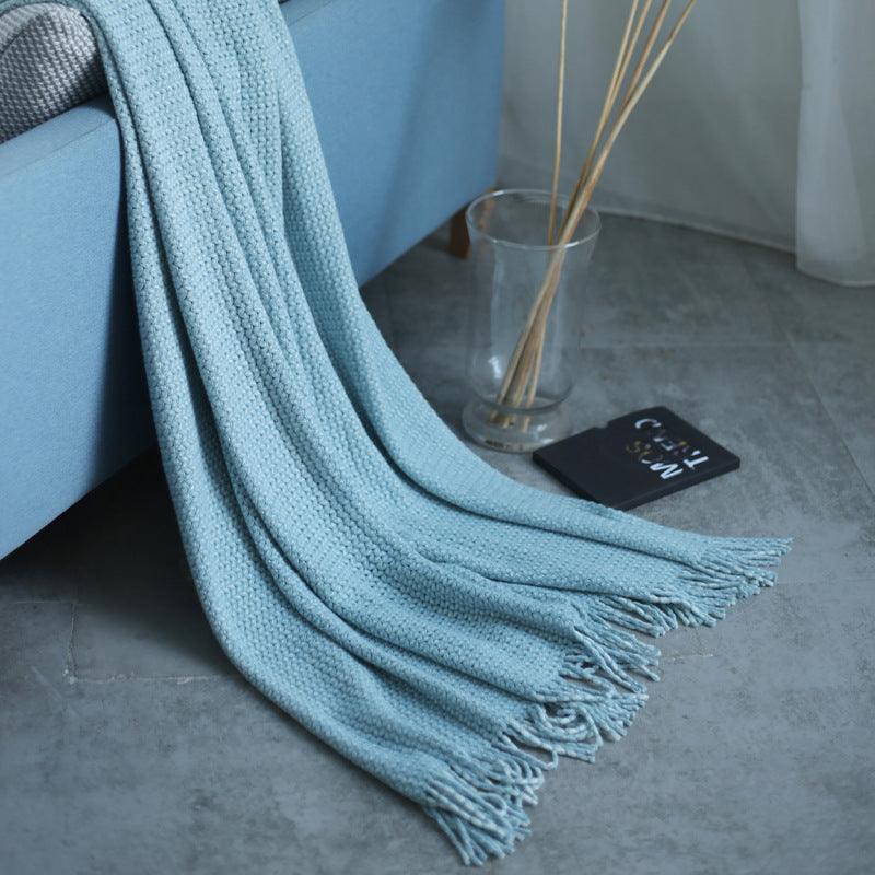 Solid Color Knitted Fringed Wool Sofa BlanketLight Blue 120x240cm 