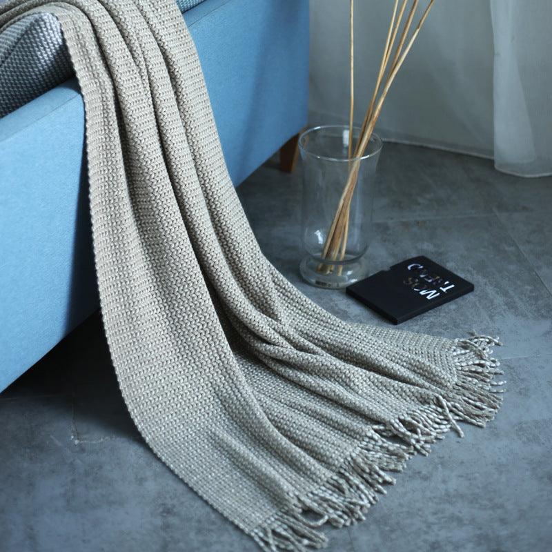 Solid Color Knitted Fringed Wool Sofa BlanketLight Grey 120x240cm 