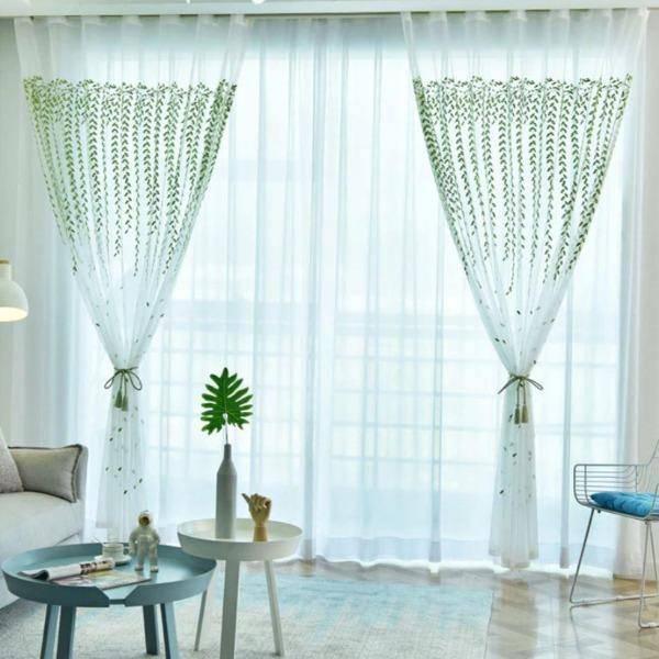 Syda green floral embroidered white sheer custom curtain  