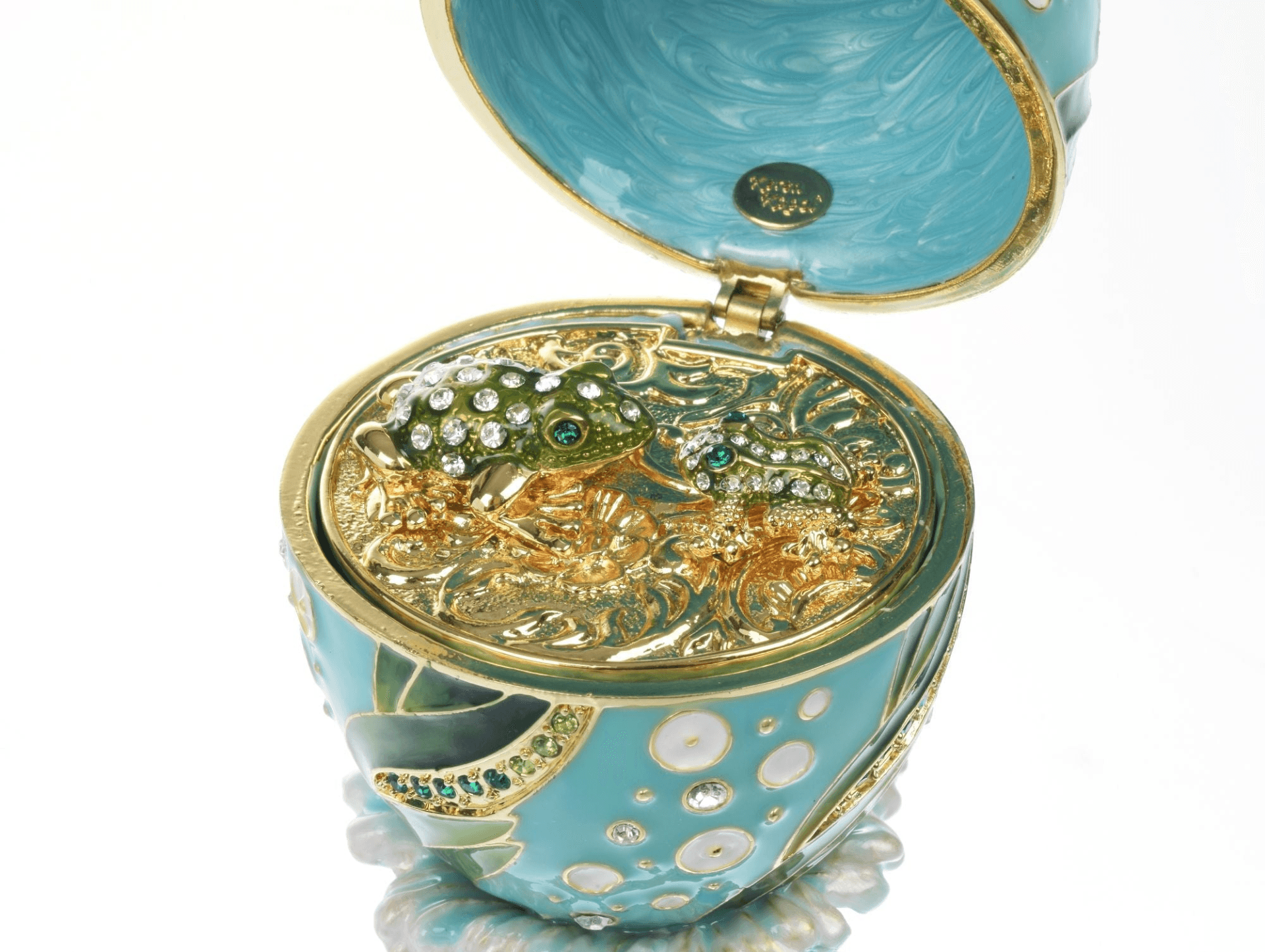Turquoise Faberge Egg with 2 Frogs Surprise Inside  