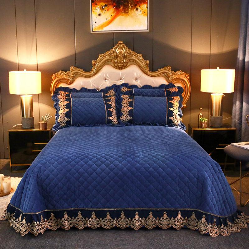 Velvety Bliss: Three-Piece Quilted Thicken Bed Cover in Luxurious Crystal VelvetBlue 250x250 Bed Cover 