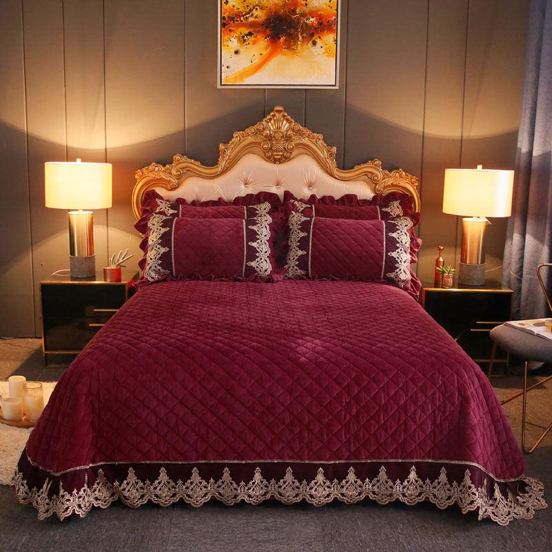 Velvety Bliss: Three-Piece Quilted Thicken Bed Cover in Luxurious Crystal VelvetRed 250x250 Bed Cover 