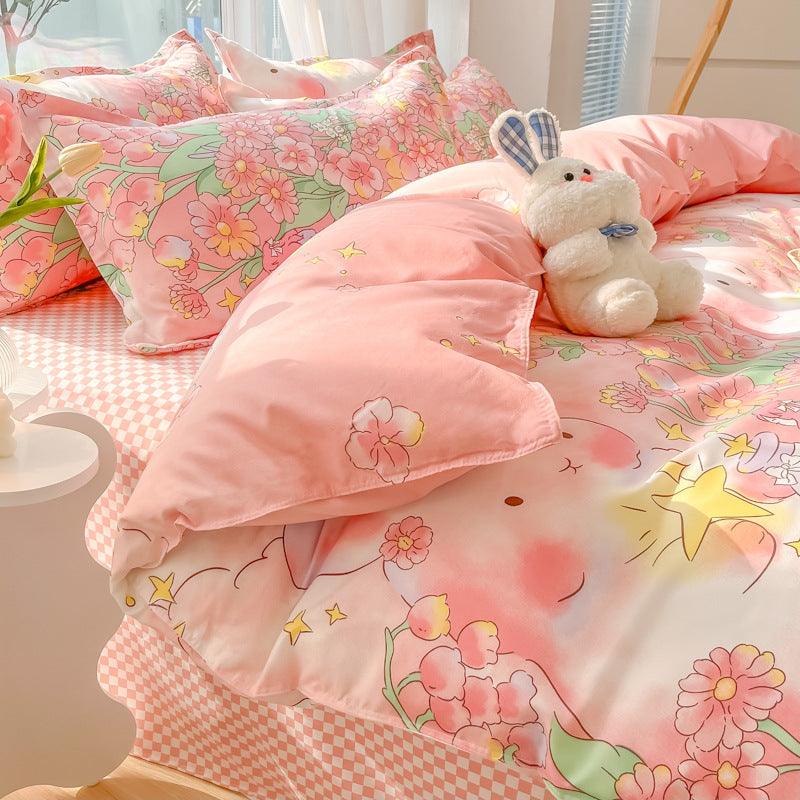 Vibrant Joy: Four-Piece Bright Printed Pattern Cotton Kids Bedding SetWishing Rabbit 120cm 3 pcs set 