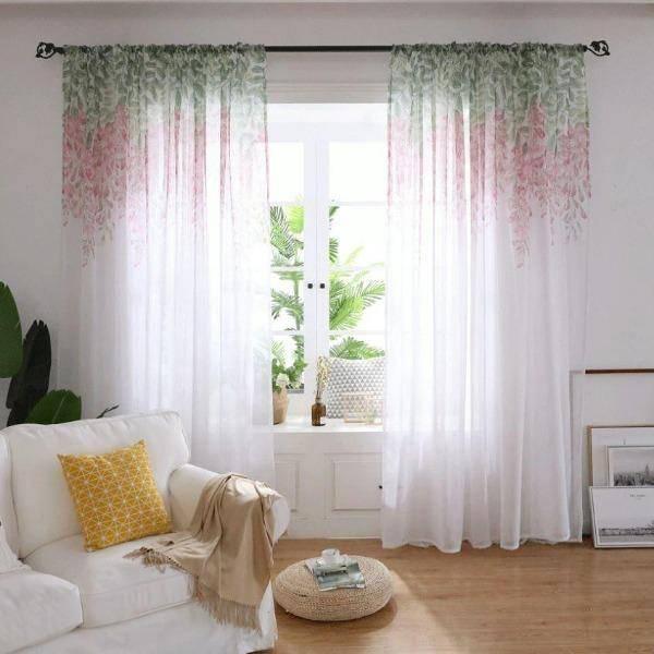 Wista bright floral pattern white sheer custom curtainPink 100 cm x 250 cm Pencil Pleat